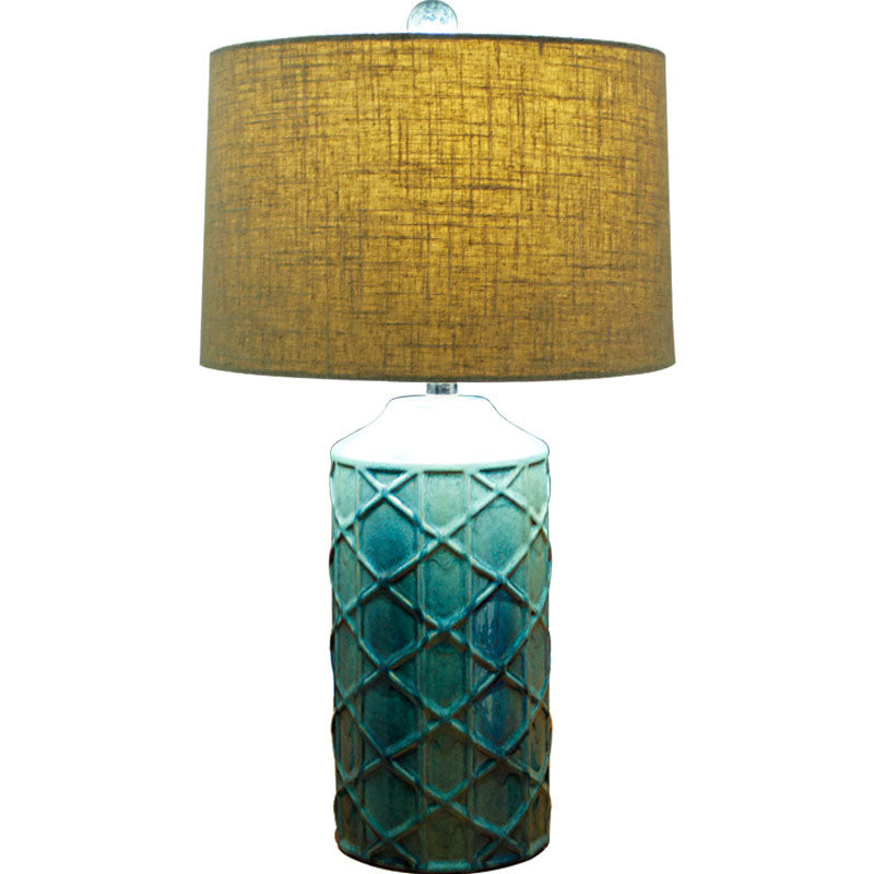 Lampe de Table en Céramique à Rayures Cylindriques Vintage Traditionnelle avec Base en Tissu et 1 Lumière pour Chambre 