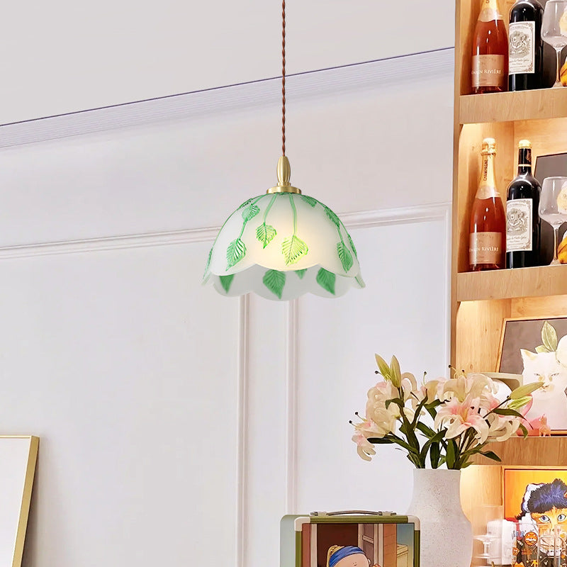 Traditionelle französische Pendelleuchte mit Schale und Blättern, Kupferglas, 1 Licht, für Esszimmer 
