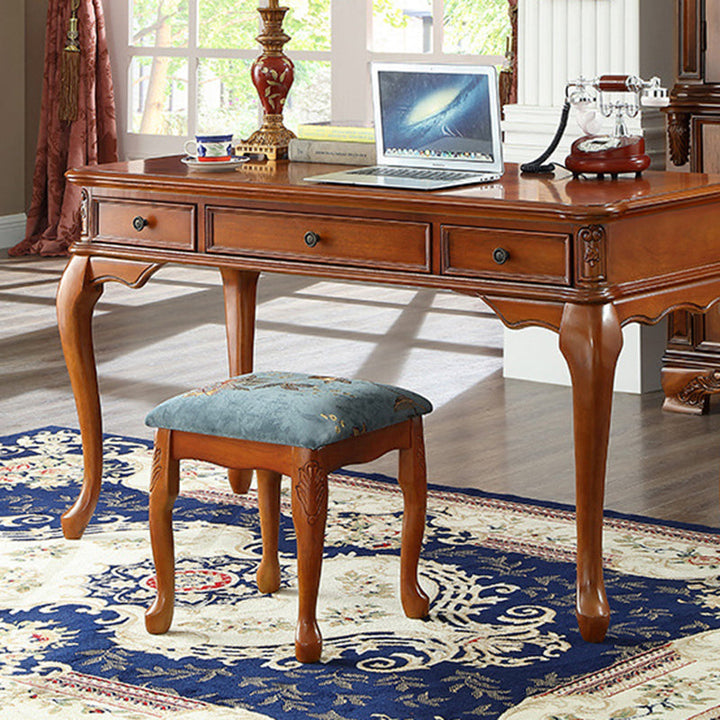Traditional European Square Fabric Upholstered Rubberwood Carved Frame Vanity Stool For Bedroom