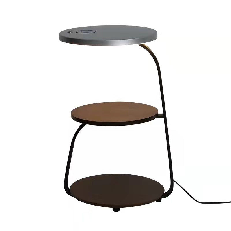 Table de chevet contemporaine nordique ronde en noyer et marbre avec fer, charge sans fil pour téléphone mobile, 2 niveaux pour le chevet 