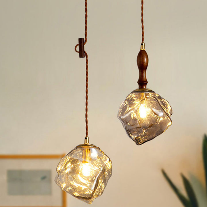 Traditional Vintage Irregular Ice Cube Shape Glass Aluminum Wood 1-Light Pendant Light For Living Room