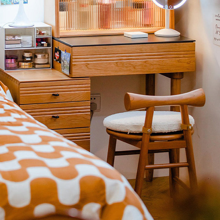 Taburete tocador redondo de madera de estilo moderno y sencillo con tela sherpa, respaldo y reposapiés para dormitorio 