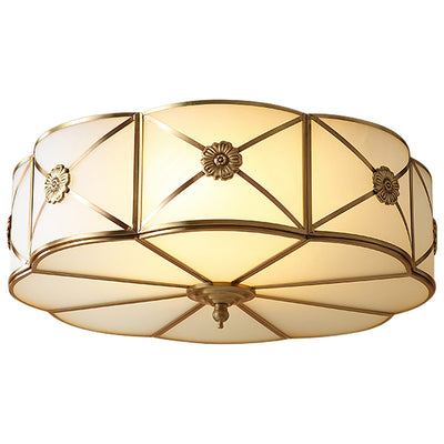 Modern Light Luxury Carving Copper Round Glass 3-Light Flush Mount Ceiling Light