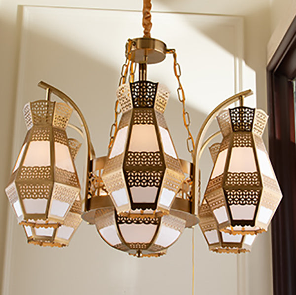 Lustre traditionnel vintage en forme de lanterne en fer et acrylique à 9 lumières pour salon 