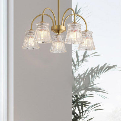 Zeitgenössische Retro gebogene Stange Blume Tasse Kupfer Glas 3/5/6 Licht Kronleuchter für Wohnzimmer 
