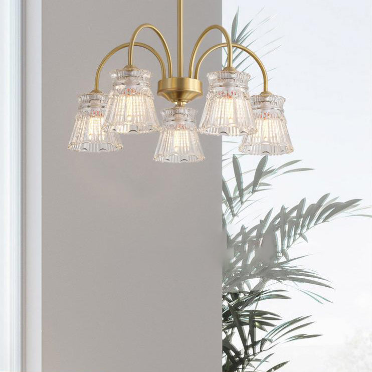 Zeitgenössische Retro gebogene Stange Blume Tasse Kupfer Glas 3/5/6 Licht Kronleuchter für Wohnzimmer 