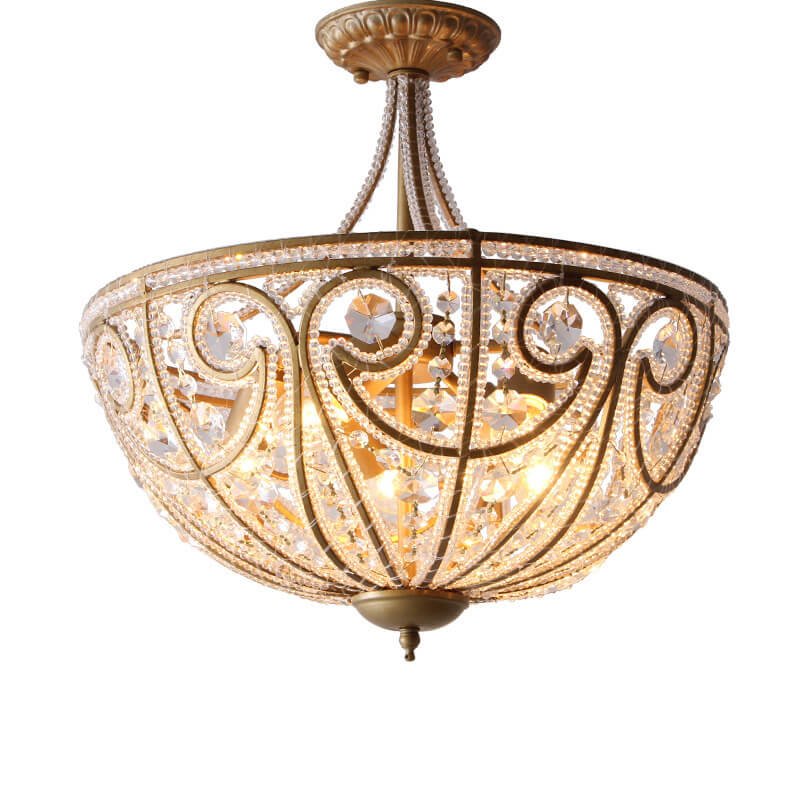 Traditional French Crystal Bead Strings Bowl Gold Iron 5-Light Semi-Flush Mount Ceiling Light For Living Room