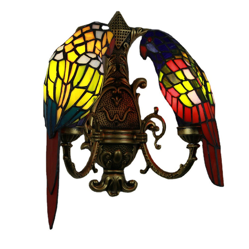 Tiffany Pastoral Double-Headed Parrot Stained Glass 2-Light Wall Sconce Lamp