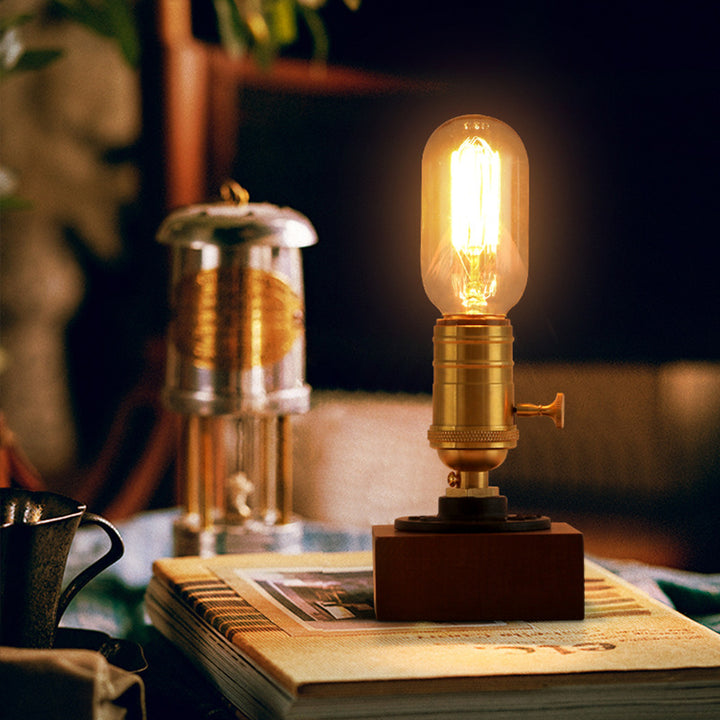 Lampe de table contemporaine avec base carrée rétro, ampoule elliptique, aluminium, cuivre, noyer, 1 lumière pour table de chevet 