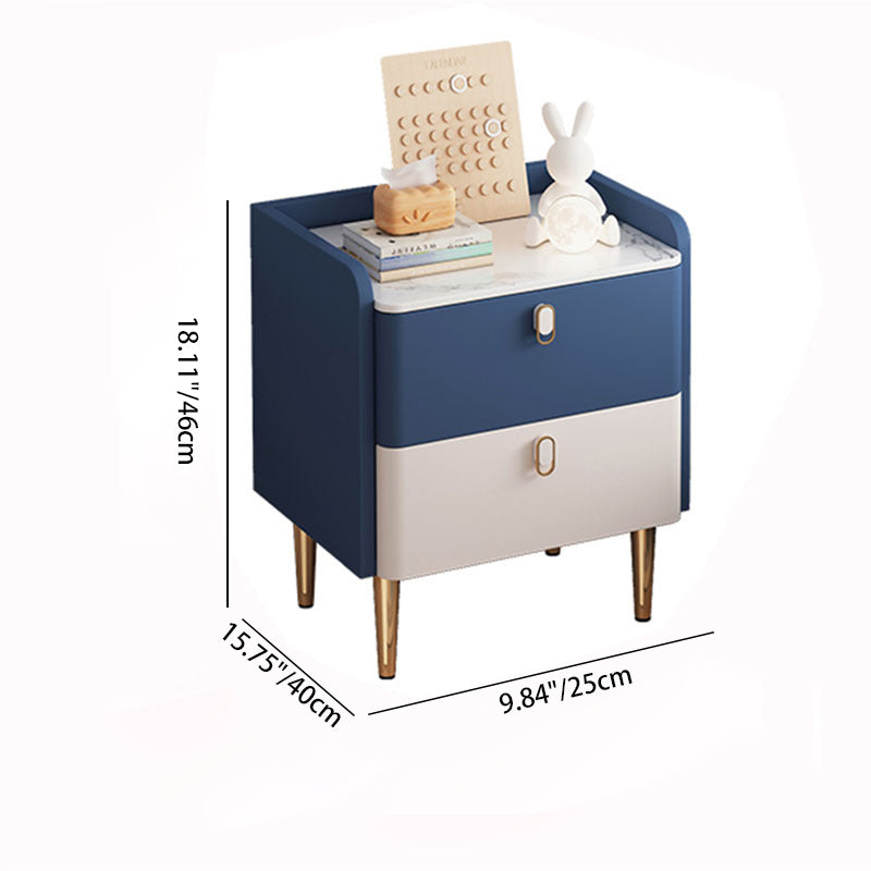 Table de chevet moderne de luxe rectangulaire en bois massif avec plateau en pierre et cuir microfibre à 2 tiroirs pour chambre 