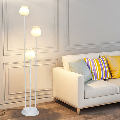 Contemporary Scandinavian Cylinder Flower Iron Glass 3-Light Standing Floor Lamp For Living Room