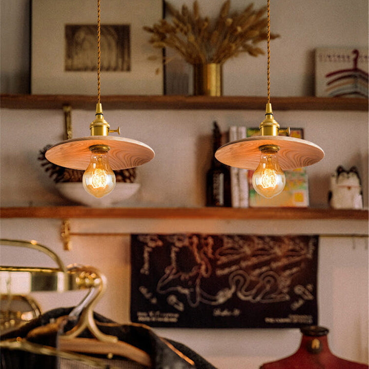 Contemporary Retro Ash Wood Copper Round Dish Irregular Grain 1-Light Pendant Light For Dining Room