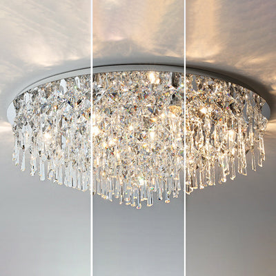 Luxe contemporain Éblouissant chaînes de cristal prismatiques Cadre rond en acier inoxydable Plafonnier encastré à 2/6/8 lumières pour salon 