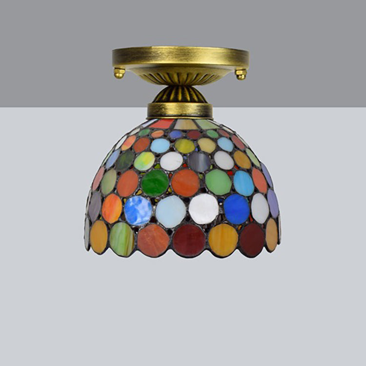 Traditionelle Tiffany-Deckenleuchte, rund, gepunktet, konisch, Eisen, Buntglas, 1-flammig, halbbündige Montage, für Wohnzimmer 