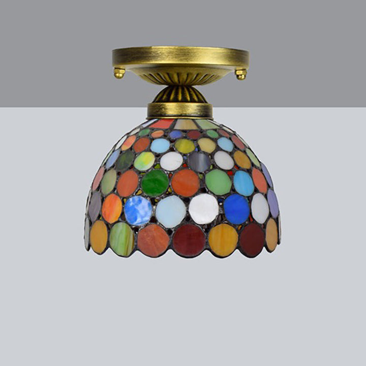 Traditionelle Tiffany-Deckenleuchte, rund, gepunktet, konisch, Eisen, Buntglas, 1-flammig, halbbündige Montage, für Wohnzimmer 