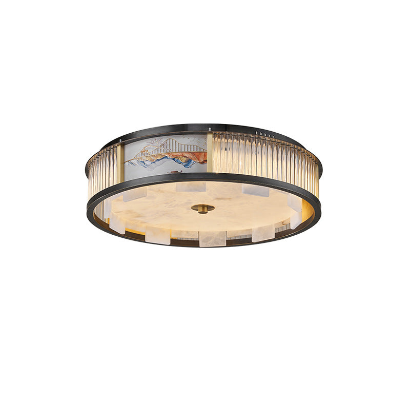 Traditional Chinese Luxury Marble Brass Round LED Flush Mount Ceiling Light For Living Room