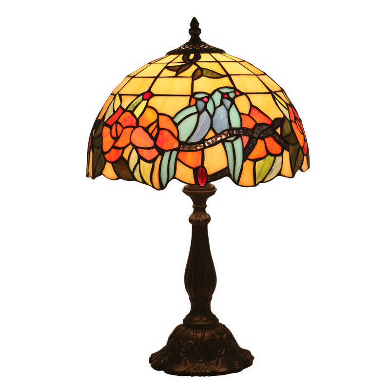 Lampe de table 1 lumière avec dôme perroquet fleur de rose en vitrail Tiffany traditionnel pour chambre 