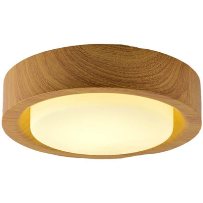 Traditional Japanese Round Glass Wood Grain LED Flush Mount Ceiling Light For Bedroom
