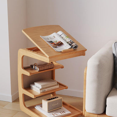 Table d'extrémité à couvercle rabattable en bois japonais traditionnel avec étagères de rangement à 4 niveaux pour salon 