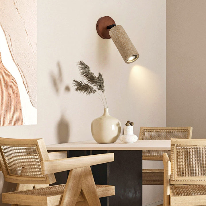 Traditional Japanese Yellow Travertine Walnut Cylindrical Spotlight 1-Light Wall Sconce Lamp For Bedroom