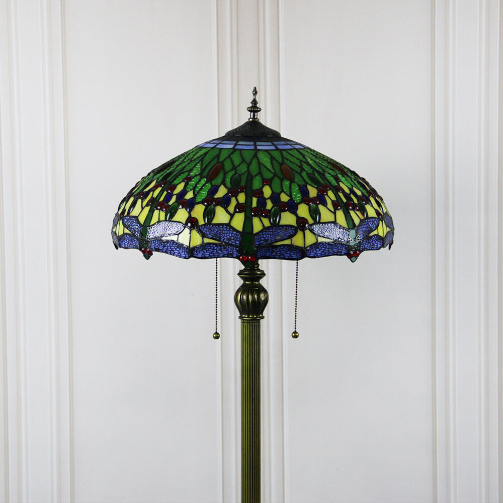 Lámpara de pie de 2 luces con cúpula de resina de vidrio teñido de libélula vintage de Tiffany 