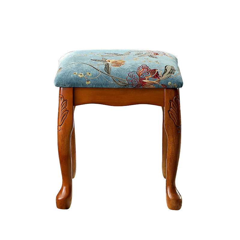 Traditional European Square Fabric Upholstered Rubberwood Carved Frame Vanity Stool For Bedroom