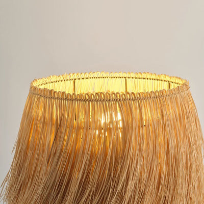 Lampe de sol 1 lumière avec base en résine de branche et abat-jour rond en tissage de bambou rustique traditionnel pour salles de divertissement 