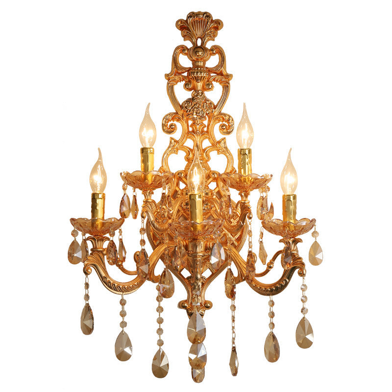 Applique Murale à 5 Lumières en Cristal de Verre avec Matériel en Or Traditionnel Européen pour Salon 