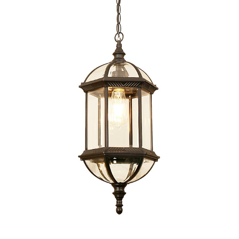 Zeitgenössische Retro sechseckige Laterne Glas Aluminium 1-Licht wasserdichte Pendelleuchte für Terrasse im Freien 