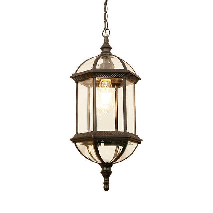 Zeitgenössische Retro sechseckige Laterne Glas Aluminium 1-Licht wasserdichte Pendelleuchte für Terrasse im Freien 