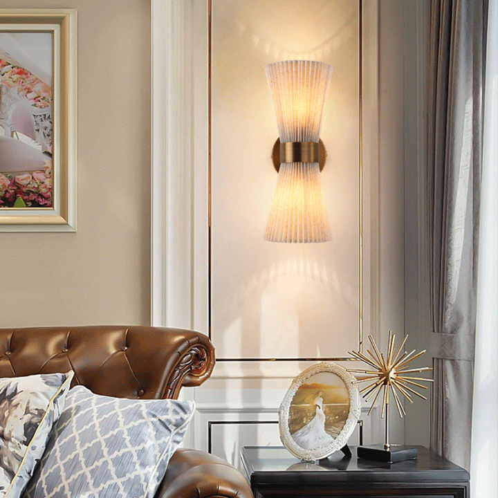 Moderne minimalistische Säule Stoff Kupfer 2-Licht Wandleuchte Lampe für Wohnzimmer 