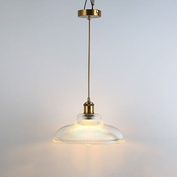 Traditional Japanese Wood Brass Glass Semicircular Loudspeaker 1-Light Pendant Light For Dining Room
