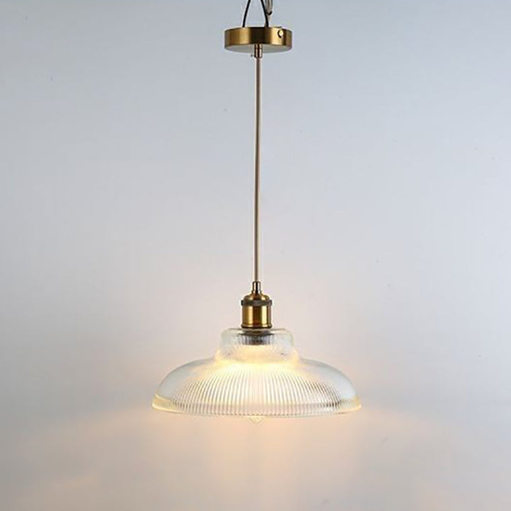 Traditional Japanese Wood Brass Glass Semicircular Loudspeaker 1-Light Pendant Light For Dining Room