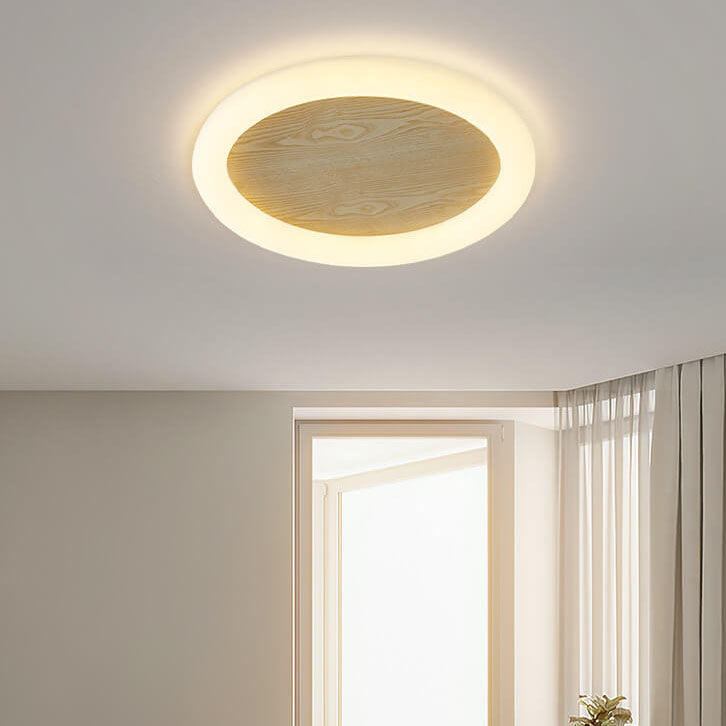 Japanese Minimalist Wood Grain Round Iron LED Flush Mount Ceiling Light