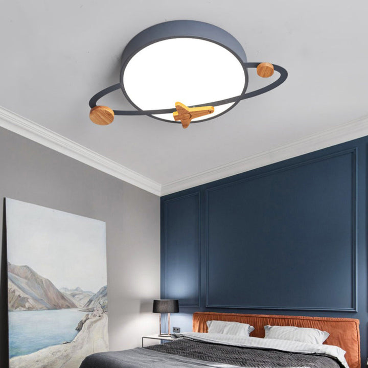 Contemporary Scandinavian Iron Acrylic Wood Round Planet Design LED Kids Flush Mount Ceiling Light For Bedroom