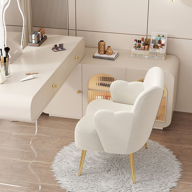 Modern Minimalist Cream Curve Sherpa Fabric Metal Vanity Stool Backrest Arm For Bedroom