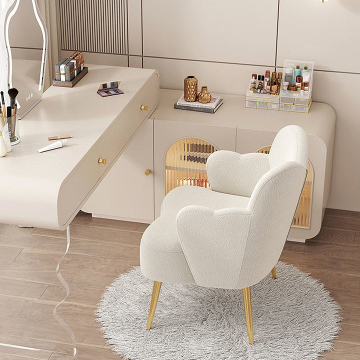 Modern Minimalist Cream Curve Sherpa Fabric Metal Vanity Stool Backrest Arm For Bedroom