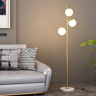 Contemporary Scandinavian Orb Pillar Metal Marble Glass 3-Light Standing Floor Lamp For Living Room