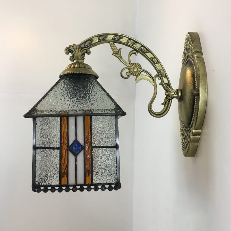 Traditional Tiffany Square House Iron Stained Glass 1-Light Wall Sconce Lamp For Living Room