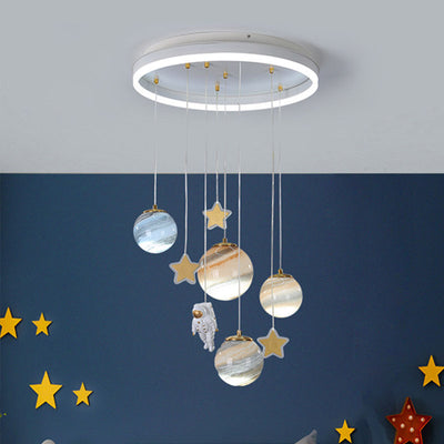 Contemporary Scandinavian Space Planet Acrylic Glass Round Shade LED Kids Flush Mount Ceiling Light For Bedroom