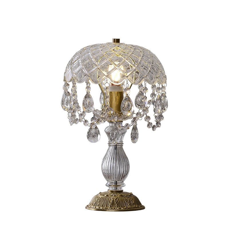 French Luxury Clear Crystal Round Tassel Copper 1-Light Table Lamp