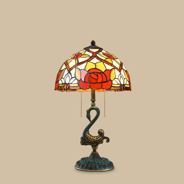 European Luxury Stained Glass Swan Base Copper 2-Light Table Lamp