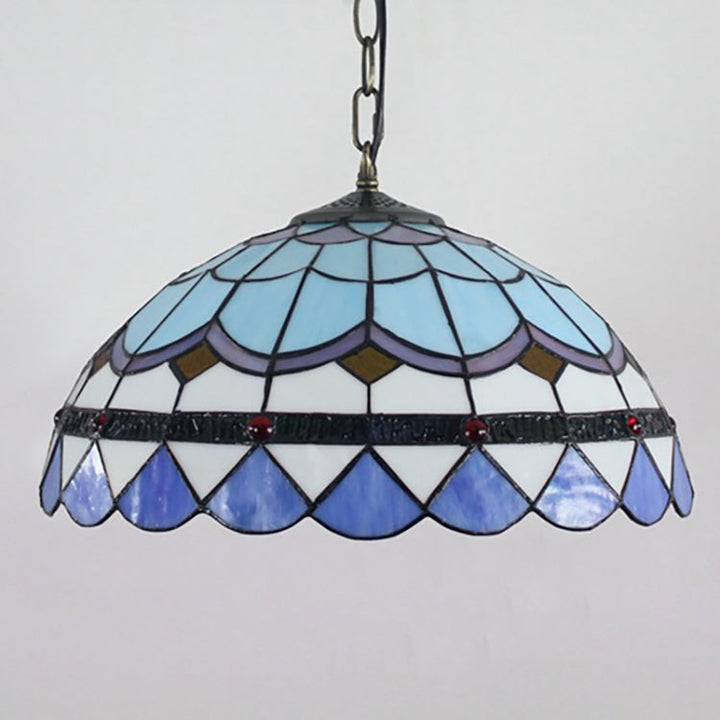 Lustre suspendu traditionnel Tiffany en forme de dôme rond en verre teinté avec 1 lumière pour salon 