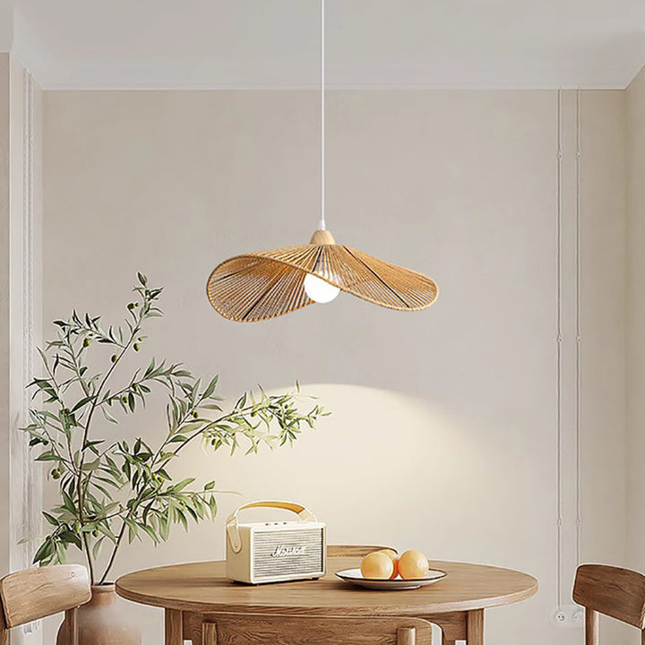 Traditionelle Vintage Holz Papier Seil Weben Strohhut Form 1-Licht Pendelleuchte für Wohnzimmer 
