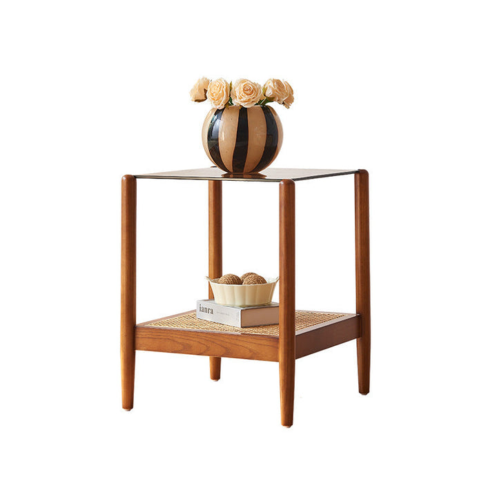 Table de bout en verre à deux niveaux en bois de frêne carré tissé traditionnel japonais pour salon 