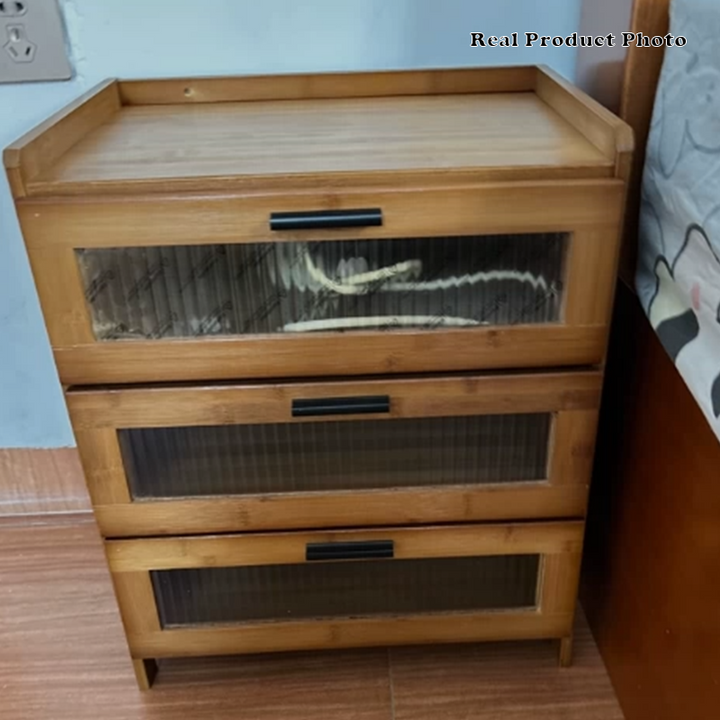Moderner minimalistischer rechteckiger Nachttisch aus Bambus-Verbundplatte, Glas und Kunststoff mit 1/3 Schubladen fürs Schlafzimmer 