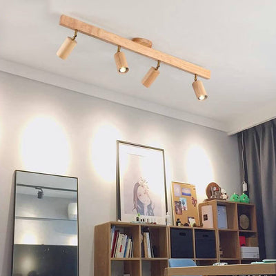 Japanese Minimalist Wooden Track Lighting LED 2/3/4/5 Light Semi-Flush Mount Ceiling Light