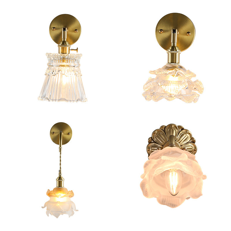 Applique murale 1-lumière en verre cuivré avec boule cylindrique fleur traditionnelle française pour chevet 