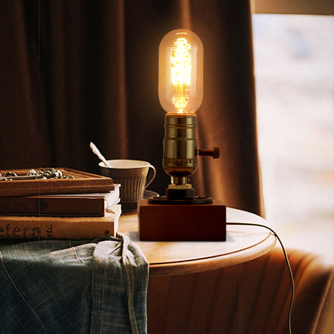 Lampe de table contemporaine avec base carrée rétro, ampoule elliptique, aluminium, cuivre, noyer, 1 lumière pour table de chevet 