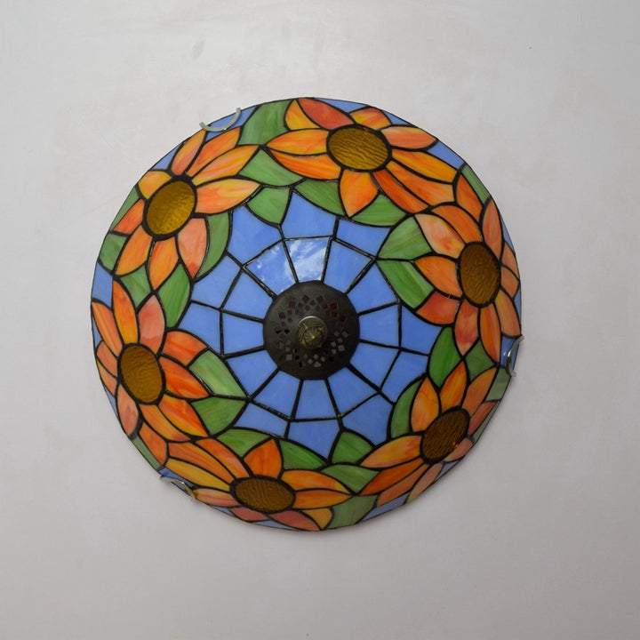 Dôme Tiffany traditionnel Tournesol Verre en fer Plafonnier à 2 lumières pour le salon 
